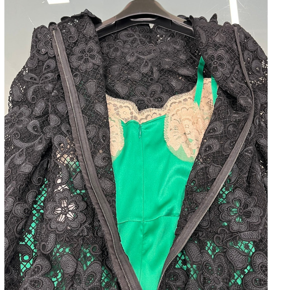 NWT Dolce & Gabbana Black Green Long-Sleeve Lace Dress Contrast Slip IT 44 L - Picture 14 of 15
